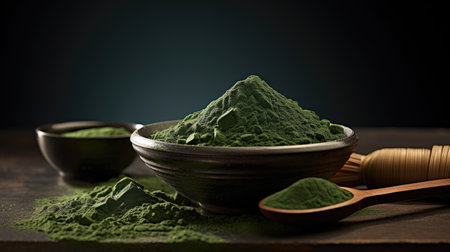 Spirulina or chlorella powder. Dried seaweed. Healthy superfood. Green spirulina powder in wooden bowl on dark background. Food supplement. Macro, close-up. For advertising, packaging, label, marketの素材