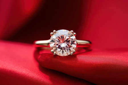 Sparkling diamond engagement ring on a red background. Symbolizes love and devotion. Jewelry. Large brilliant. Close up. Elegant wedding ring. presentation, poster, banner, brochure of jewelry store.の素材
