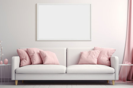 Mockup, template for design. Modern light fashionable living room interior with large empty picture frame on white wall. Copy space. White sofa with Light pink pillows. Banner, advertising, posterの素材