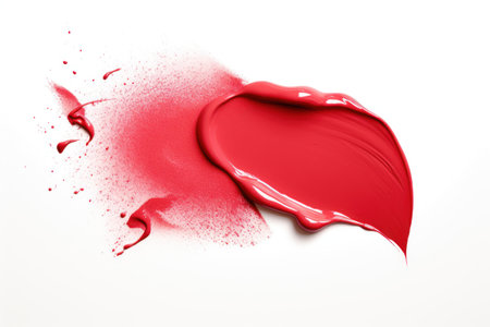 Red lipstick smear. Sample of a red lipstick smear on a white background. Creamy makeup texture. A sample of a bright red cosmetic product brushstroke. Brush stroke swipe. Beautyの素材