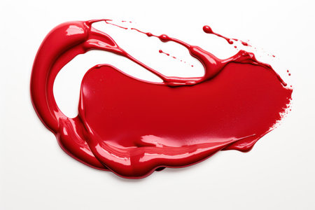 Red lipstick smear. Sample of a red lipstick smear on a white background. Creamy makeup texture. A sample of a bright red cosmetic product brushstroke. Brush stroke swipe. Close upの素材