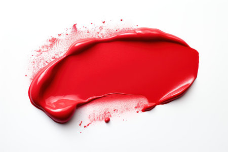 Red lipstick smear. Sample of a red lipstick smudge on white background. Creamy makeup texture. A sample of a bright red cosmetic product brushstroke. Brush stroke swipe. Close upの素材