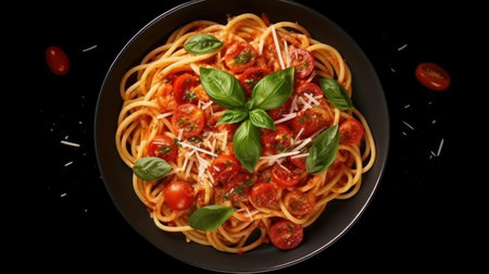 Delicious appetizing classic italian spaghetti pasta with tomato sauce, parmesan cheese and basil on plate on dark table. Top view, horizontal. Food blog, restaurant, menu, cafe, banner, posterの素材