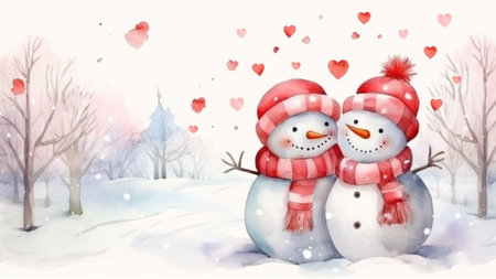 Two watercolor snowmen, male and female, hugging tenderly. A loving couple together. On white background with hearts and copy space. Valentine's Day. For greeting cards, banners, posters, scrapbookingの素材