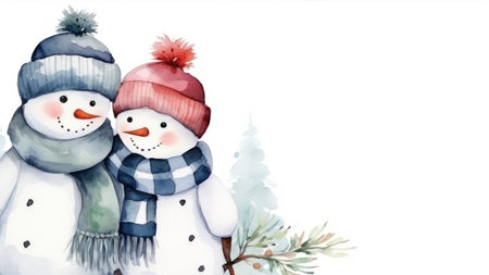 Couple of snowmen. Two watercolor Christmas snowmen, male and female, share tender embrace. On white background with copy space. For greeting cards, banners, posters, scrapbooking, design elementsの素材