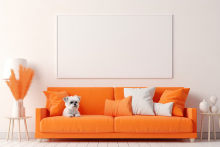 Blank horizontal poster frame mock up in scandinavian style living room interior, modern living room interior background, orange sofa with little white dog, white wall. Template, Canvas for designの素材
