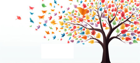 Banner. Mockup. Illustration of tree with colorful butterflies instead of leaves. On white background with copy space for text. Template. Peace Day, Health Day.の素材