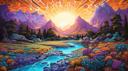 Fantasy world of an alien planet. Psychedelic surreal fantasy landscape with unreal spiral mountains, sky and plants. The fairy-tale world of other planets. Mysterious world. Book Illustrationの素材