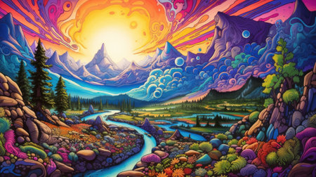 Fantasy world of an alien planet. Psychedelic surreal fantasy landscape with unreal spiral mountains, sky and plants. The fairy-tale world of other planets. Another reality. Book Illustrationの素材