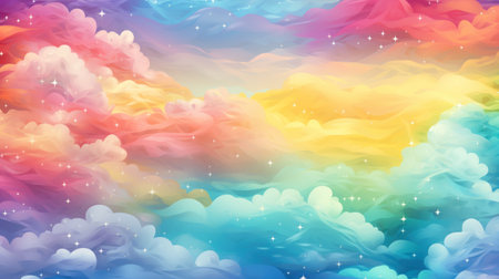 Illustration of rainbow clouds with shining stars. Fairytale fantasy sky background. Copy Spaceの素材