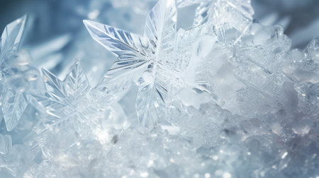 Close-up snow crystals of delicate blue color, beautiful ice snowflakes. Ice crystal texture. Elegant pastel winter background. Festive background. Fantastic beauty of winter nature. Copy Spaceの素材
