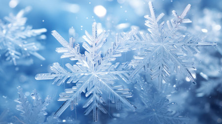 Macro snow crystals of delicate blue color, beautiful ice snowflakes. Ice crystal texture. Elegant pastel winter background. Festive backdrop. Fantastic beauty of winter nature. Copy Spaceの素材