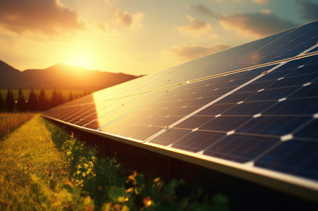 Rows of solar panels glisten and harness golden-hour sunlight against serene countryside backdrop. A picturesque blend of nature and clean energy generation. With copy space. Alternative energy.の素材