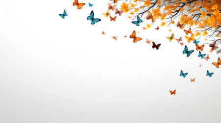 Mockup. Illustration of tree branch with colorful butterflies and leaves. On white background with space for copy text. Banner template for holiday. Poster, brochure, postcard. Peace Day, Health Day.の素材