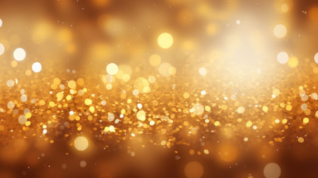 Golden sparkles, glitters, bokeh, glowing particles. Elegant festive Christmas or New Year background. Copy space. Shiny golden lights. Advertising, packaging, gifts, banner, poster cover greetingの素材