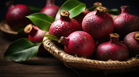 Mangosteen fruit on black background. Many Whole fruits with green leaves. Exotic tropical fruits. Organic vegan dessert. Garcinia mangostana. Foodphoto. Close up. Restaurant, cafe, food blog, menuの素材