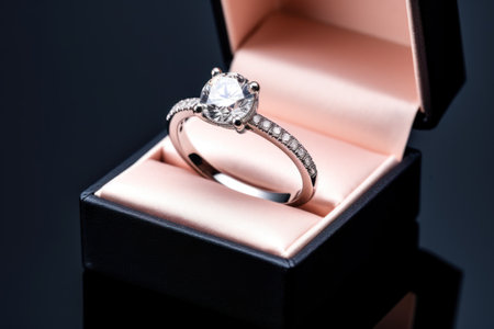 luxurious engagement ring adorned with large, exquisitely cut diamonds, showcased in black box against a dark backdrop. jewelry. essence of love and commitment. Perfect for matrimonial celebrationsの素材