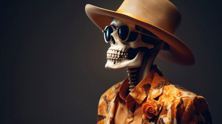 Fashionable human skeleton model in stylish clothes, glasses and hat in trendy color combinations. Glamorous skeleton in yellow-gold clothes on a dark gradient background. With copy space for text. Close upの素材