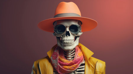 Fashionable human skeleton model in stylish clothes, glasses and hat in trendy color combinations. Glamorous male skeleton in yellow-orange clothes on dark red gradient background.の素材
