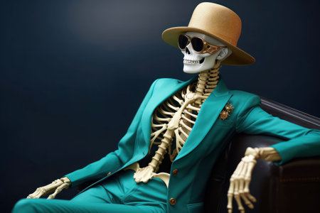 Fashionable human female skeleton in stylish golden emerald clothes, glasses and a hat in trendy color combinations. Close up. With copy space. Glamorous skeleton model on a dark gradient background.の素材