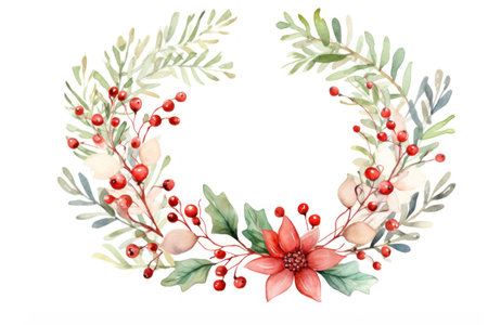 Cute watercolor Christmas wreath from green twigs, mistletoe branches and flowers isolated on white background. Decoration for Christmas and New Year. Illustration for greeting cards and invitationsの素材