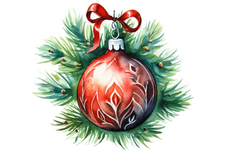 Christmas glass red ball on the background of a Christmas fir branch isolated on a white background. New Year's decorative toy for decoration. Design element for greeting, card, scrapbooking.の素材