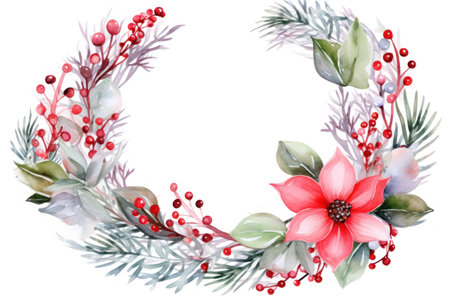Cute watercolor Christmas wreath from green twigs, mistletoe branches and flowers isolated on white background. Decoration for Christmas and New Year. Illustration for greeting cards and invitations. eの素材