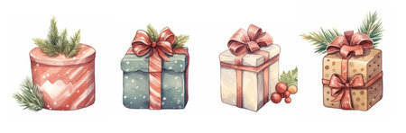 Clip art of 4 Christmas watercolor gift boxes with ribbons close up isolated on a white background. Christmas or New Year decorative presents. Design elements for scrapbooking, card, greetingの素材