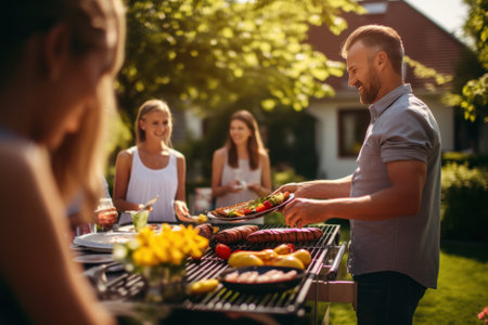 A group of people together at a bbq. Family and friends having picnic barbeque grill in garden. having fun eating and enjoying time in sunny day. blur background. Family and friendship values conceptの素材