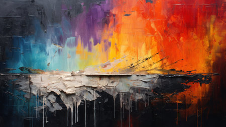 Abstract oil painting on wood. Rough strokes of paint in all the colors of the rainbow. Oil paint texture with brush and palette knife strokes. Multi-colored wallpaper. Acrylic background close up. Modern art concept.の素材