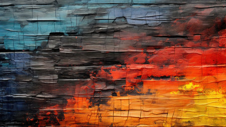 Abstract oil painting on wood. Rough strokes of paint in all the colors of the rainbow. Oil paint texture with brush and palette knife strokes. Multi-colored wallpaper. Acrylic background close up. Modern art concept.の素材