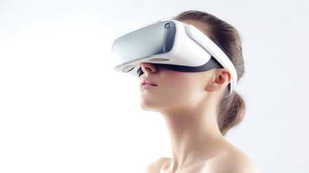 Caucasian brunette woman in virtual reality glasses on a white background. Close up. Banner template of person in white VR goggles. Concept of technology, game, entertainment, artificial intelligence.の素材