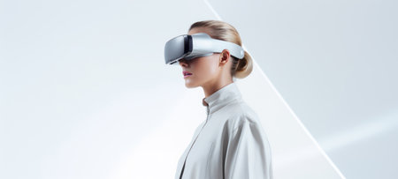Caucasian blonde woman in virtual reality glasses on white background. Copy space. Banner template of person in white VR goggles. Concept of technology, entertainment, artificial intelligence, gameの素材