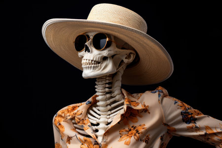 Fashionable female human skeleton in stylish clothes, sunglasses and hat in trendy color combinations. Posing. On a black background. Glamorous skeleton, Wearing a printed blouse with yellow flowersの素材