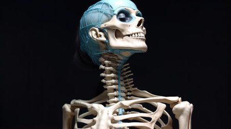 Female human skeleton close-up on a black background.の素材