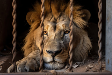 Lion locked in cage. Emaciated, skinny lonely lion in cramped jail behind bars with sad look. Concept of keeping animals in captivity where they suffer. Prisoner. Waiting for liberation. Animal abuseの素材