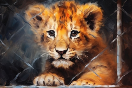 Little Lion cub locked in cage. Skinny lonely lion in cramped jail behind bars, sad look. Prisoner. Animal abuse. In style of oil painting. Concept of keeping animals in captivity where they suffer.の素材