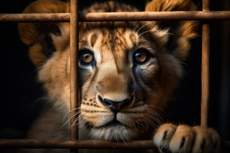 Little Lion cub locked in cage. Skinny lonely lion in cramped jail behind bars, sad look. Keeping animals in captivity where they suffer. Prisoner. Waiting for liberation. Animal protection conceptの素材