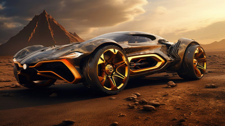 Golden futuristic sports racing car races across the land of an alien planet. Futuristic concept of technologies of other worlds and civilizations. Extraterrestrial automobiles and technologyの素材
