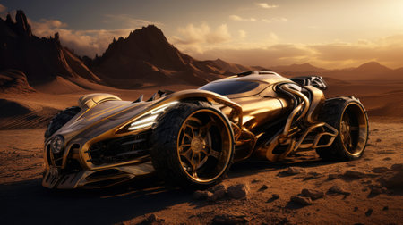 Golden futuristic sports racing car races across land of an alien planet. Futuristic concept of technologies of other worlds and civilizations. Extraterrestrial automobiles and technologyの素材