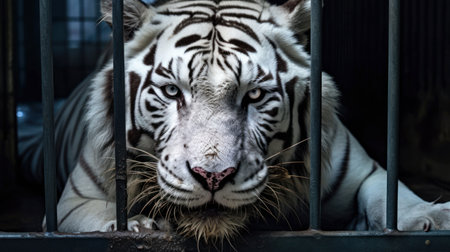 Bengal tiger locked in cage. Lonely tiger in cramped jail behind bars with sad look. Concept of keeping animals in captivity where they suffer. Prisoner. Waiting for liberation. Animal abuse. Portraitの素材