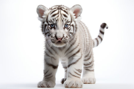 Small white bengal tiger cub isolated on white background. Cute fluffy kitten. For design, poster, banner, postcardの素材