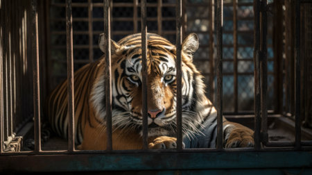 Tiger locked in cage. Lonely sick skinny tiger in cramped jail behind bars with sad look. Concept of keeping animals in captivity where they suffer. Prisoner. Waiting for freedom. Animal abuseの素材