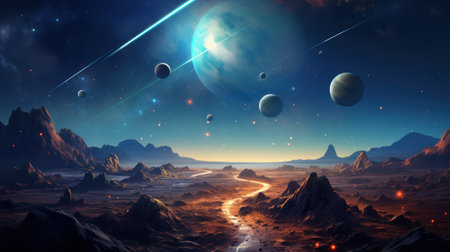 Fantastic alien landscape of another planet with mountains, glowing road, shining lights, sky with stars, planets and clouds. Other worlds and fantasy concept. Science fiction cosmic backgroundの素材
