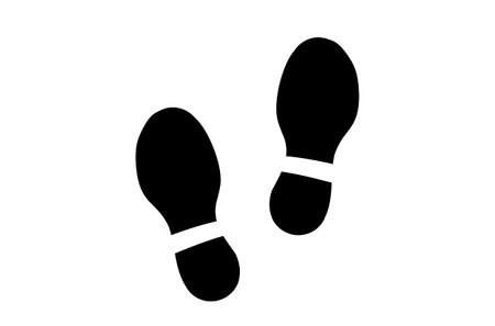 Human shoe footprints. Pair of prints of boots. Left and right leg. Shoe sole. Walking foot steps. Silhouette. Black and white vector isolated on white. Icon, symbol, pictogramのイラスト素材