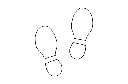 Human shoe footprints. Pair of prints of boots. Left and right leg. Shoe sole. Walking foot steps. Contour. Black and white vector isolated on white. Icon, symbol, pictogram.のイラスト素材