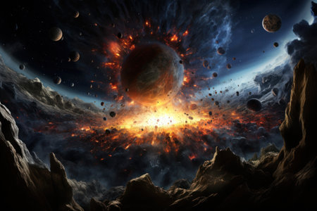 Big cosmic explosion around a planet in space. Release of cosmic energy. Formation of a new planet. The comet falls to the ground. Beautiful space backgroundの素材