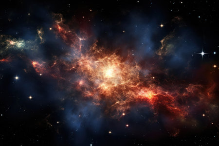 Big cosmic explosion in space in Universe with bright center and swirling blue orange clouds and stars. Creation of Universe and Great Release of Cosmic Energy. Moment of Big Bang. Space background.の素材