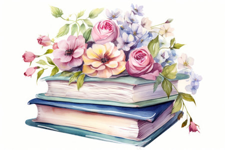 Cute watercolor stack of books with flowers in pastel colors on white background. Perfect for cozy corners, bookshops, libraries, reading-themed decor, greeting, invitation, leaflet, scrapbookingの素材