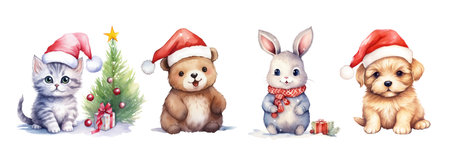 Clip art. Cute watercolor animals with Christmas attributes fir tree, gifts, Santa Claus hat. Kitten, bear, puppy, rabbit. Illustration isolated on white background. For greeting cards, scrapbookingの素材